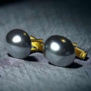 Vintage Natural Hematite Cabochon Cufflinks with Gold Tone Locking Bars